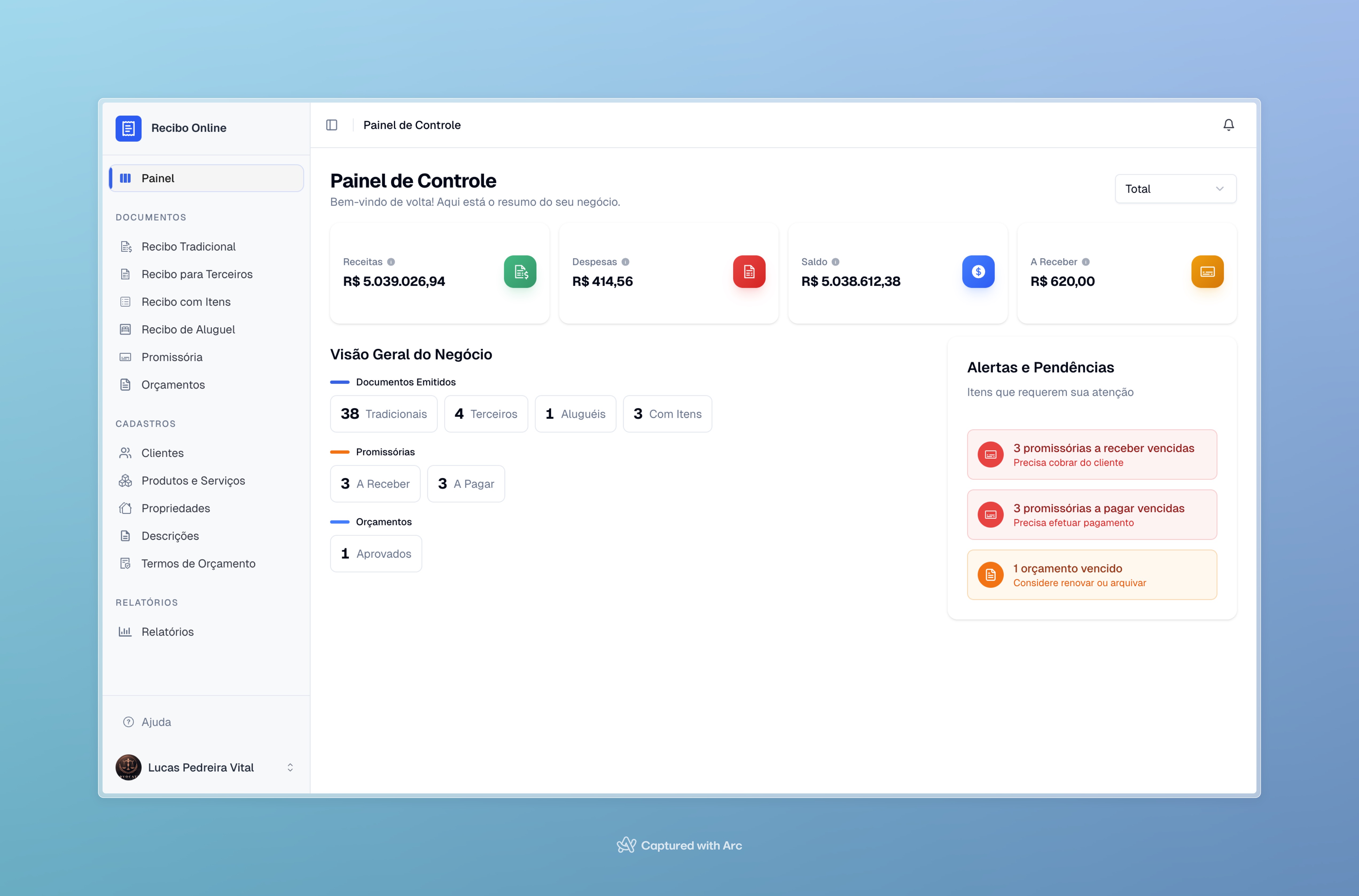 Painel de Controle do Recibo Online App — sem propaganda